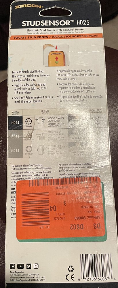 ZIRCON -StudSensor HD25 Edge Finding Stud Finder 3/4 In