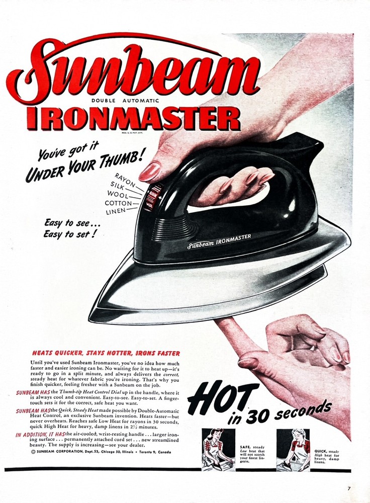 1948 SUNBEAM IRON Genuine Vintage Print Ad Ironmaster