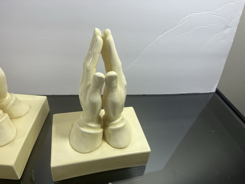 Pair Ceramic 8” Praying Hands Bookends Door Stoppers