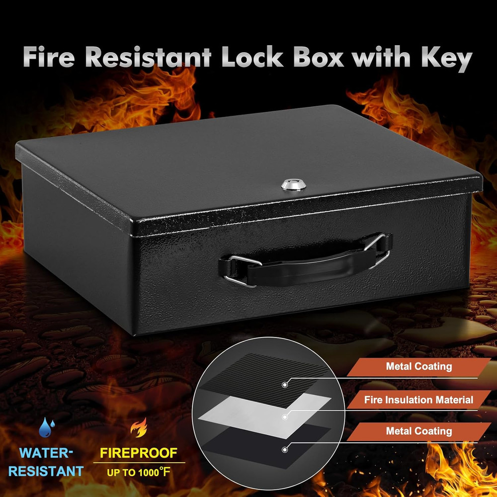 Fireproof Document Box with Key Lock, Small Lock Boxes for Personal Items, Fire