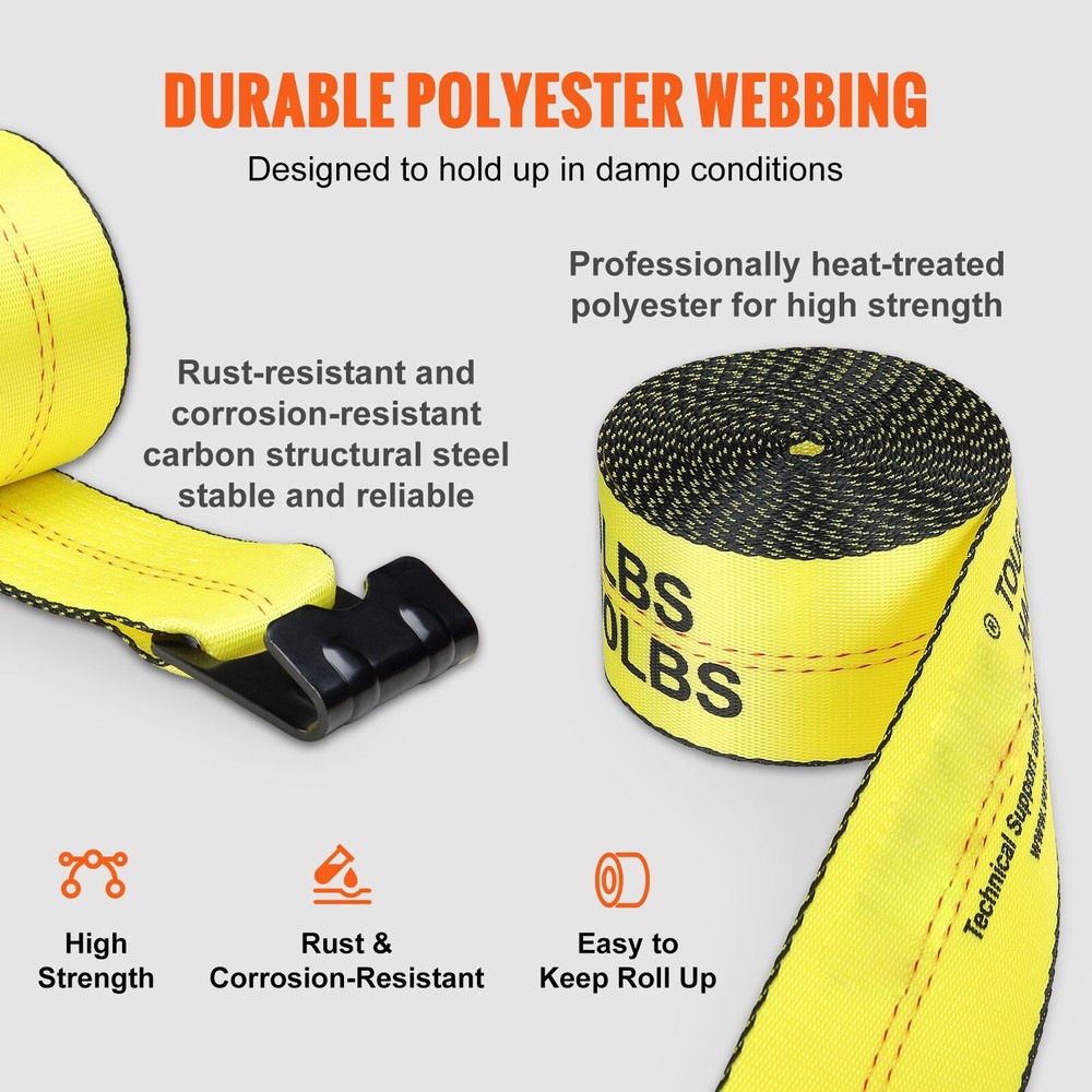 4"x30' Winch Straps 6000lbs Capacity Flat Hook Tie Downs Cargo Control Yellow