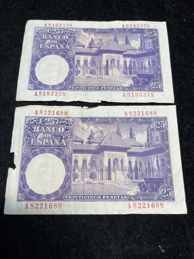 1954 Spain 25 Pesetas 2 Banknotes Lot