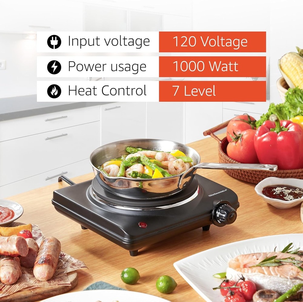 Single Cast Iron Hot Plate 1000W - Temp Control, Easy Clean, Indicator - Black