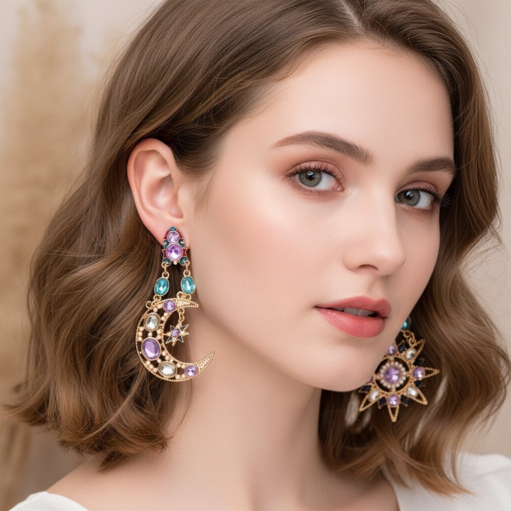 Celestial Sun Moon Drop Earrings Gold Crystal Star Statement Dangle