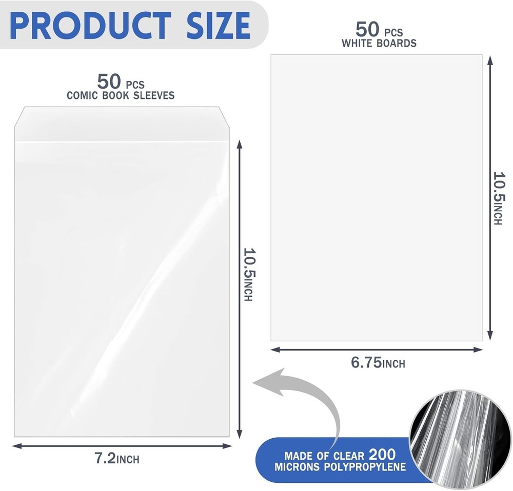 50 Sets Current Size Comic Book Bags and Boards, Reusable Transparent Comic B...