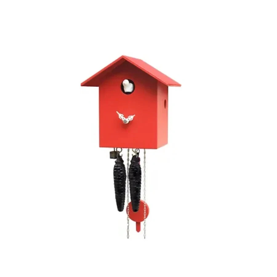 Red White Forest Cuckoo Clock with Bird, Handmade Rectangle Red Cuckoo Clock