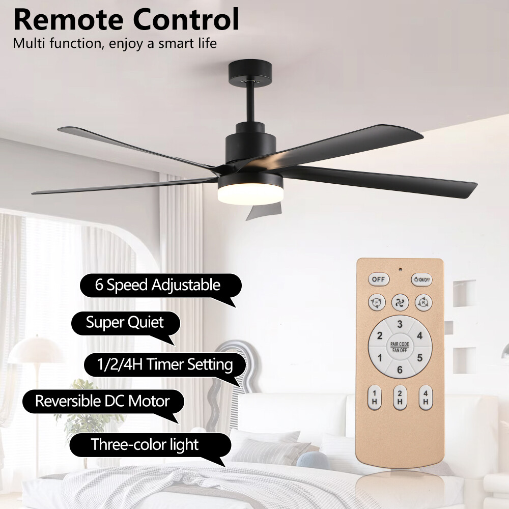 65'' Black Ceiling Fan with Light, 5-Blade LED Ceiling Fan w/ Remote Control