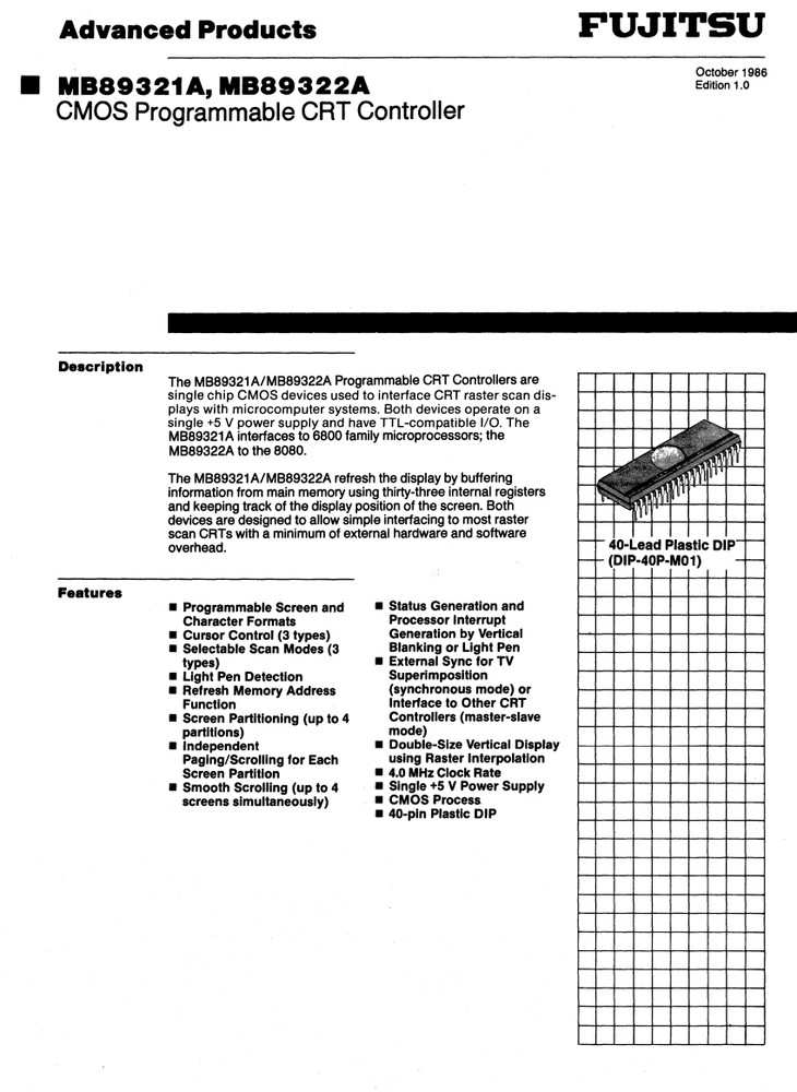 MB89321A Fujitsu CMOS Programmable CRT Controller QFP-48