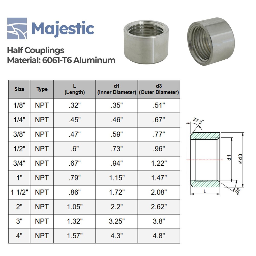 .75" 3/4" NPT Aluminum 6061 Threaded Half Coupling Weld Pipe Fitting Bung - 150#