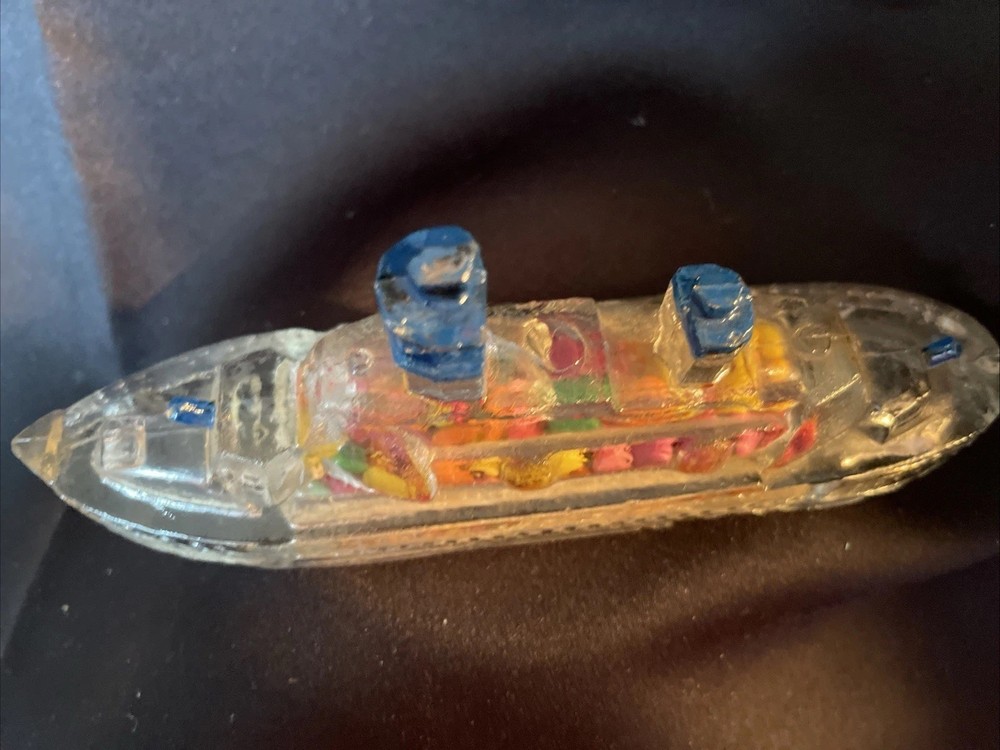Vintage Victory Clear Glass Battleship Candy Container Restored with Candy