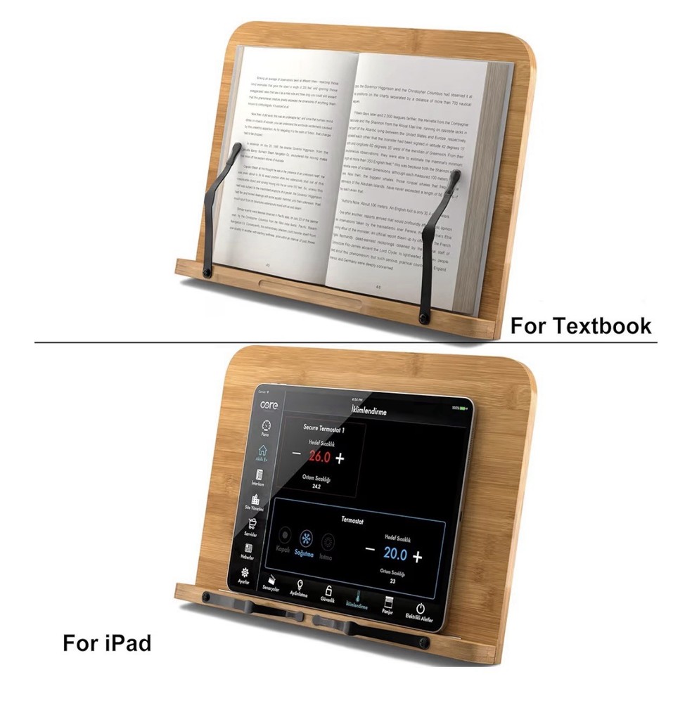 Large Book Cookbook Stand Bamboo Adjustable & Foldable Kitchen Reading Rest