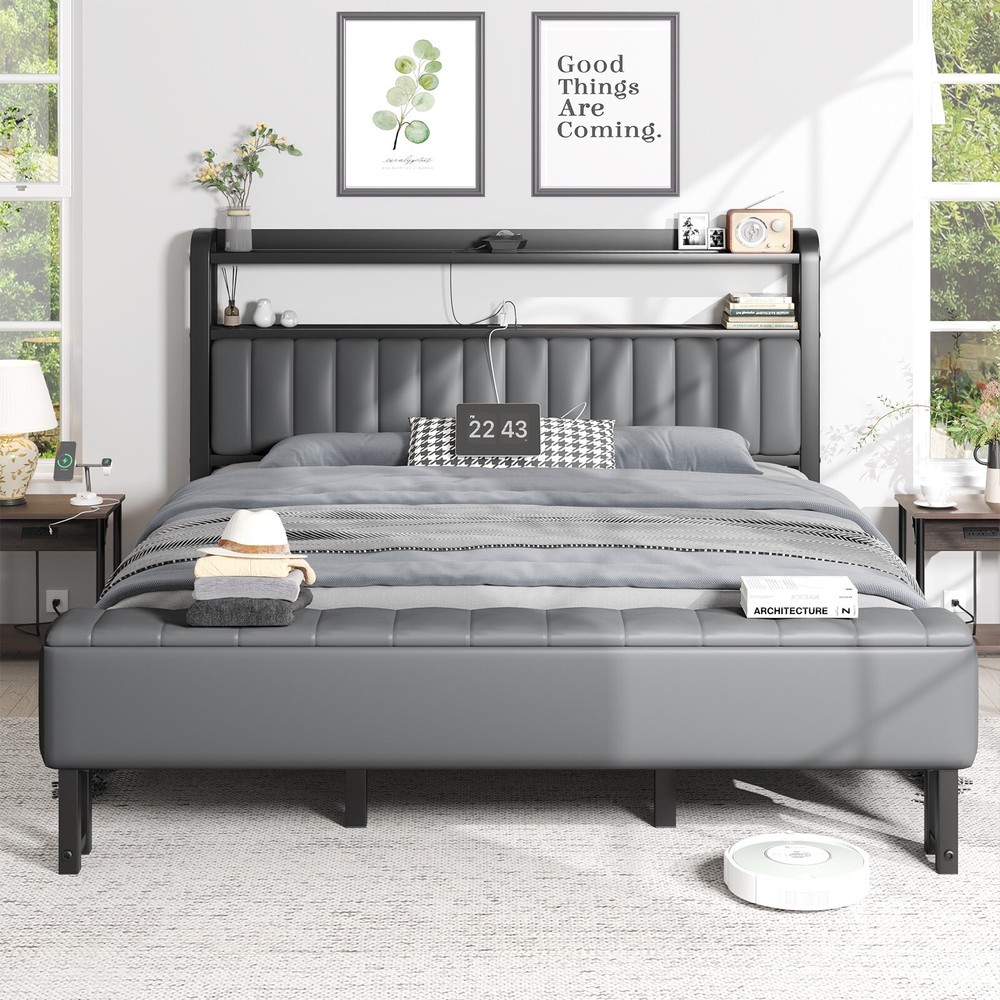 Full Size Bed Frame Upholstered with Starry Sky Light and Charging Station