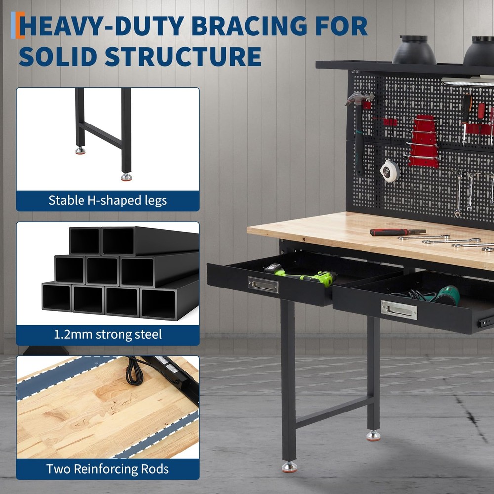 🔝60" Adjustable Heavy Duty Workbench 2000 LBS Work Table with 2 Drawers LED Lig