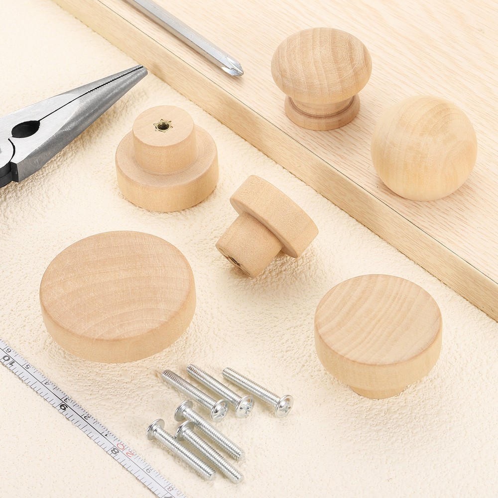 6 Set Round Wood Drawer Knob 2" Diameter Flat Round Dresser Knobs Wooden Knobs