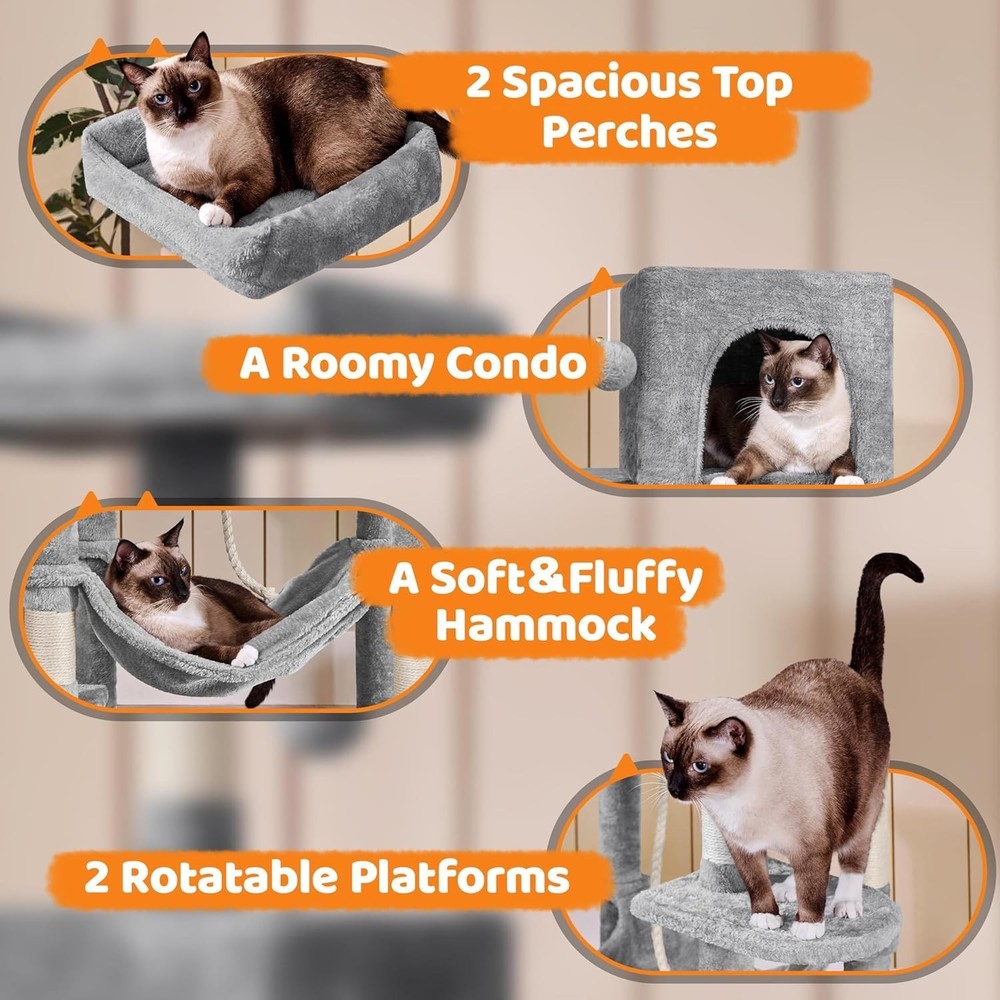 59in Cat Tree Multiple Cats Multi-Level Activity Tower w/Hammock Condo Perches