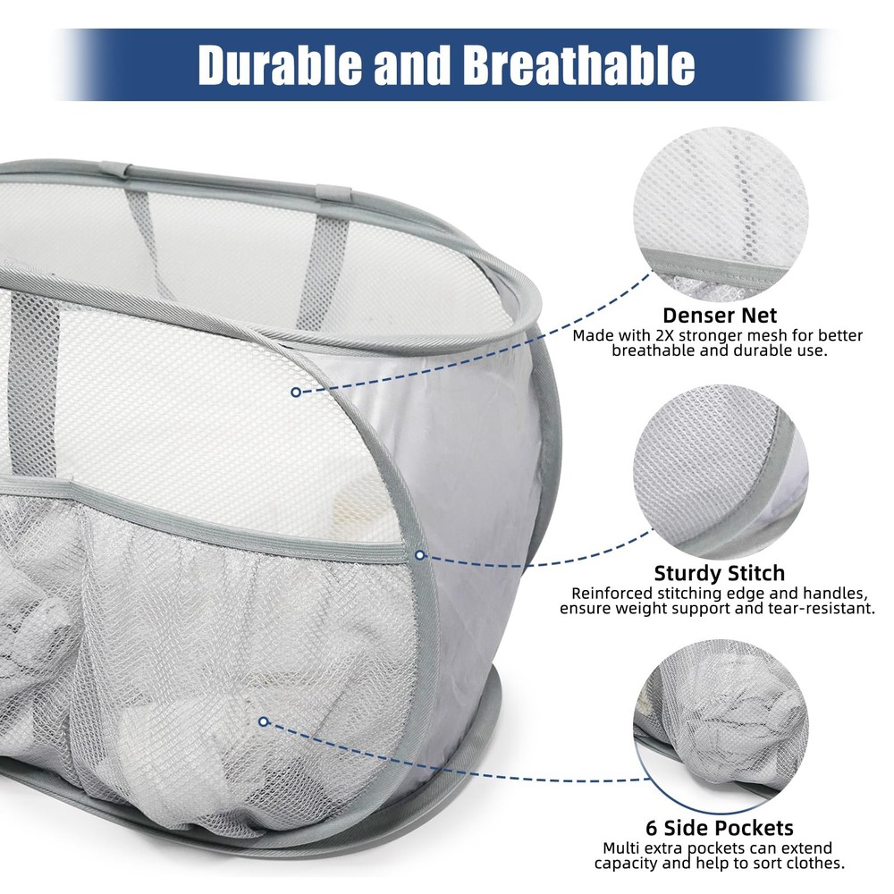 2 Pack Collapsible Laundry Baskets, Upgrade Pop Up Laundry Hamper with Conven...