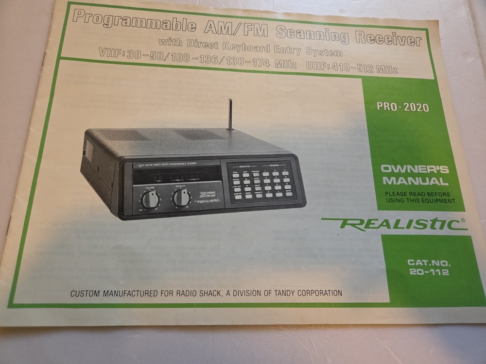 Vintage Realistic Owner's Manual For Pro-2020 Programmable Scanning Receiver