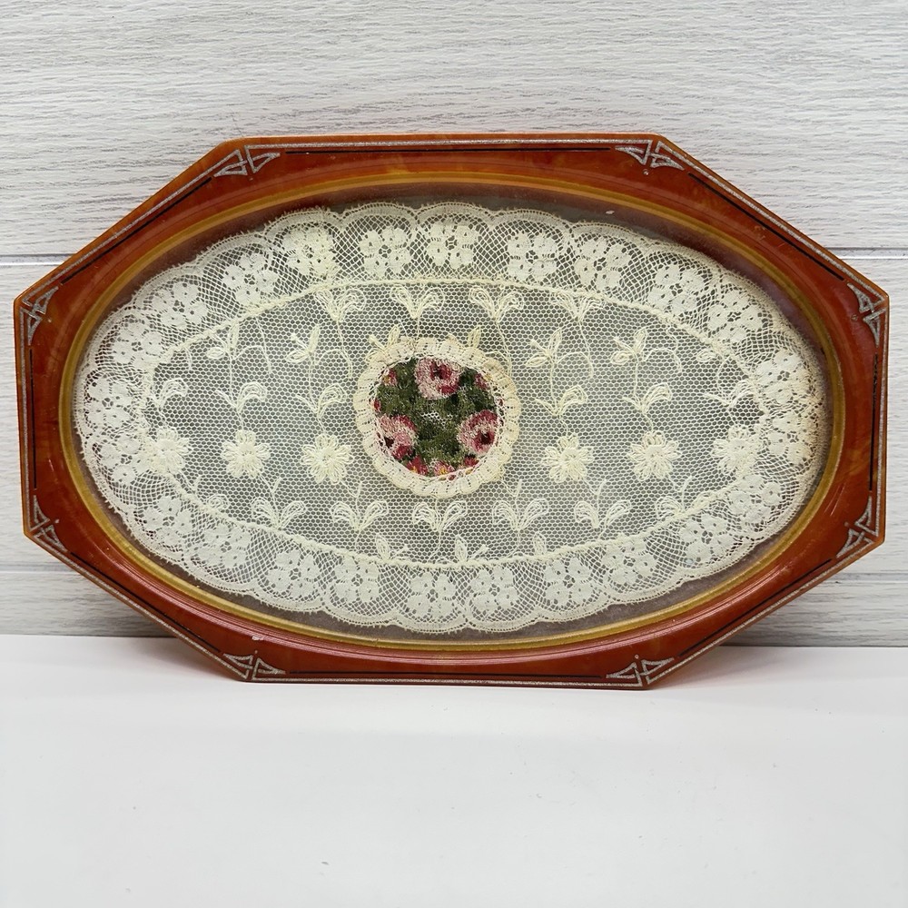 Vintage Art Deco Celluloid Vanity Tray with Lace Insert