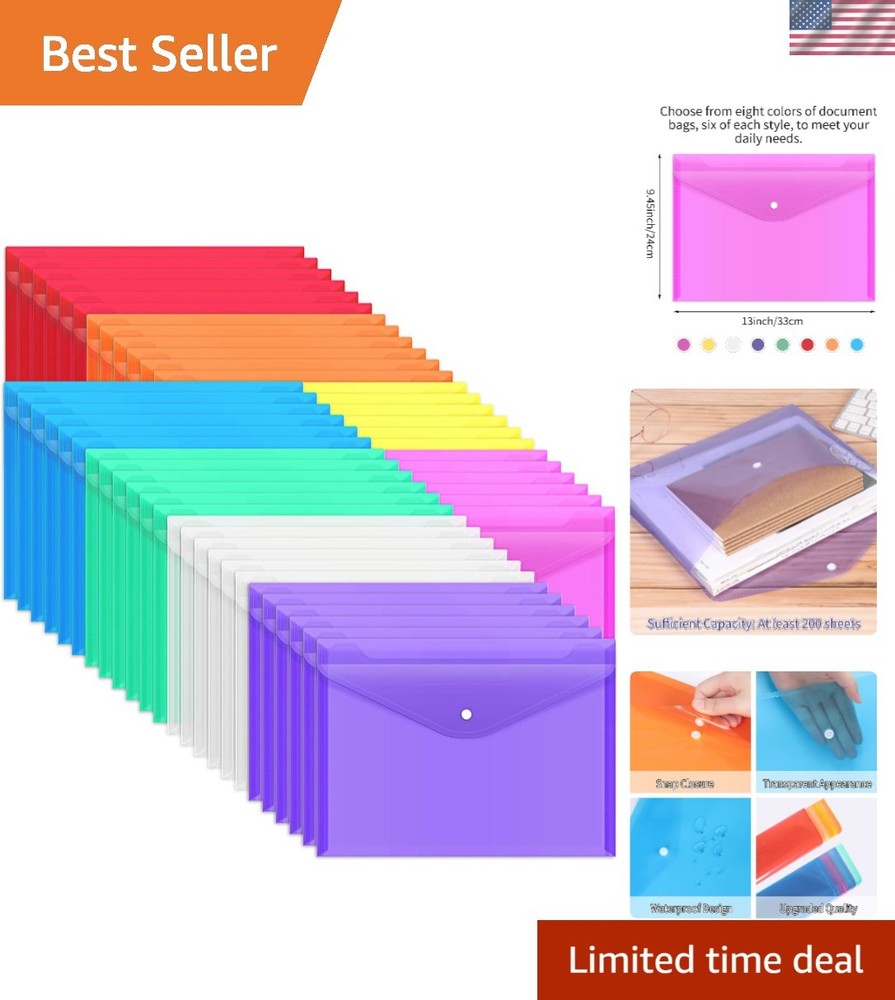 48 Pack Plastic Envelopes Poly Envelopes with Snap Closure, Clear Document Fi...