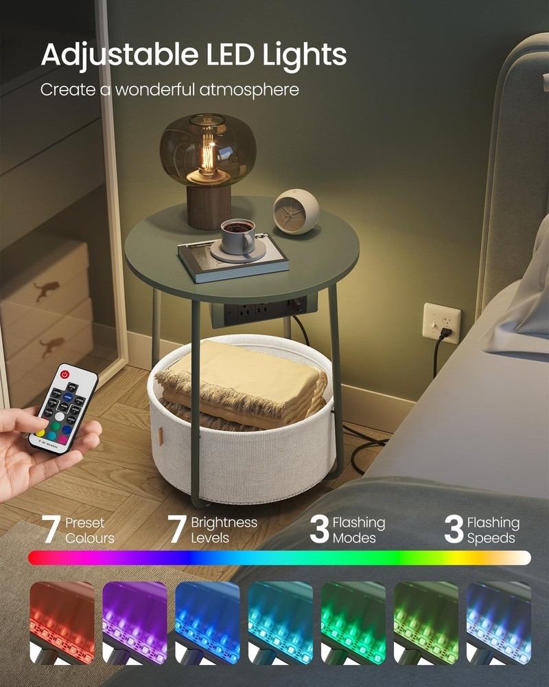 LILEA Collection - Side Table with Charging Station, Round End Table with Fab...