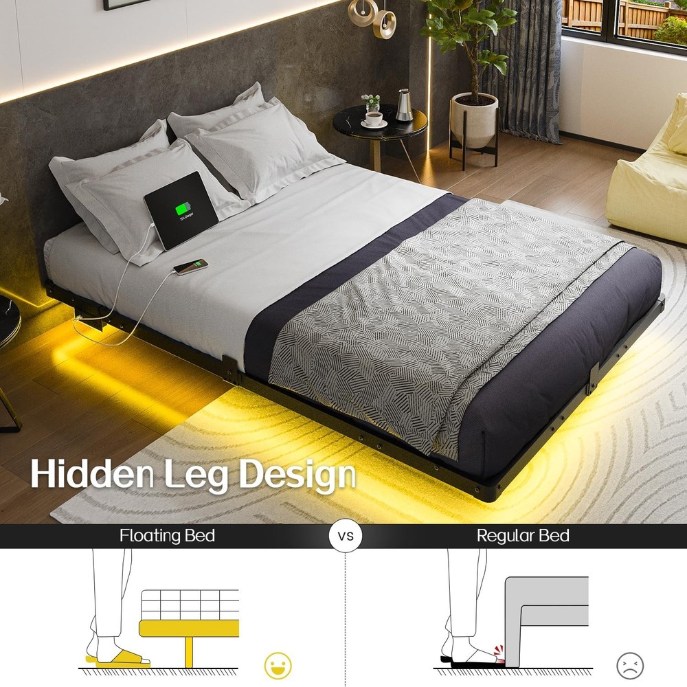 Full Size Modern Floating Bed Frame with Smart LED Lights, USB Charging Stati...