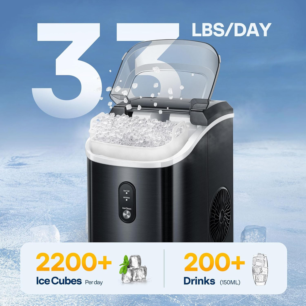 Countertop Ice Maker 33Lbs/Day Chewable Nugget Ice Cube Maker Machine 10 Ice Bag