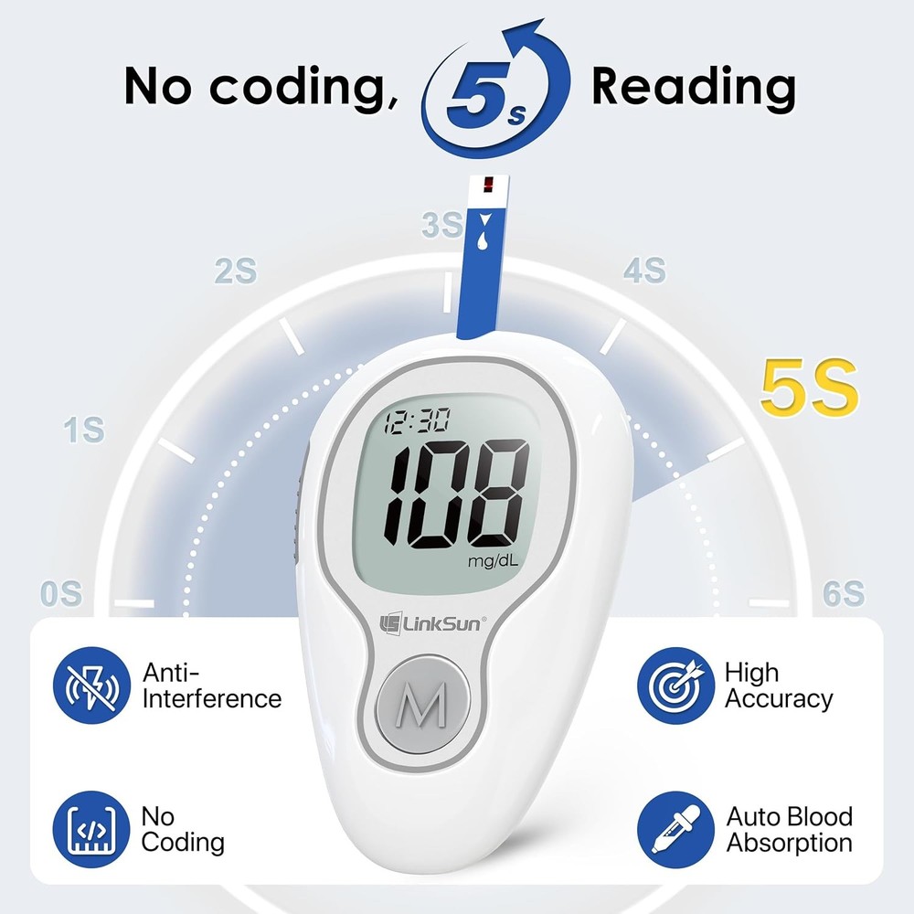Blood Glucose Meter No Coding, Large Display, 5 Sec Read, Strips & Lancets Kit