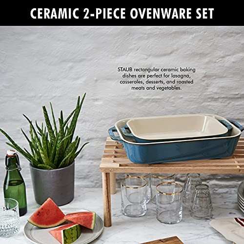 Ceramics Rectangular Casserole Dish, 2 pc Rustic Turquoise Baking Dish Set