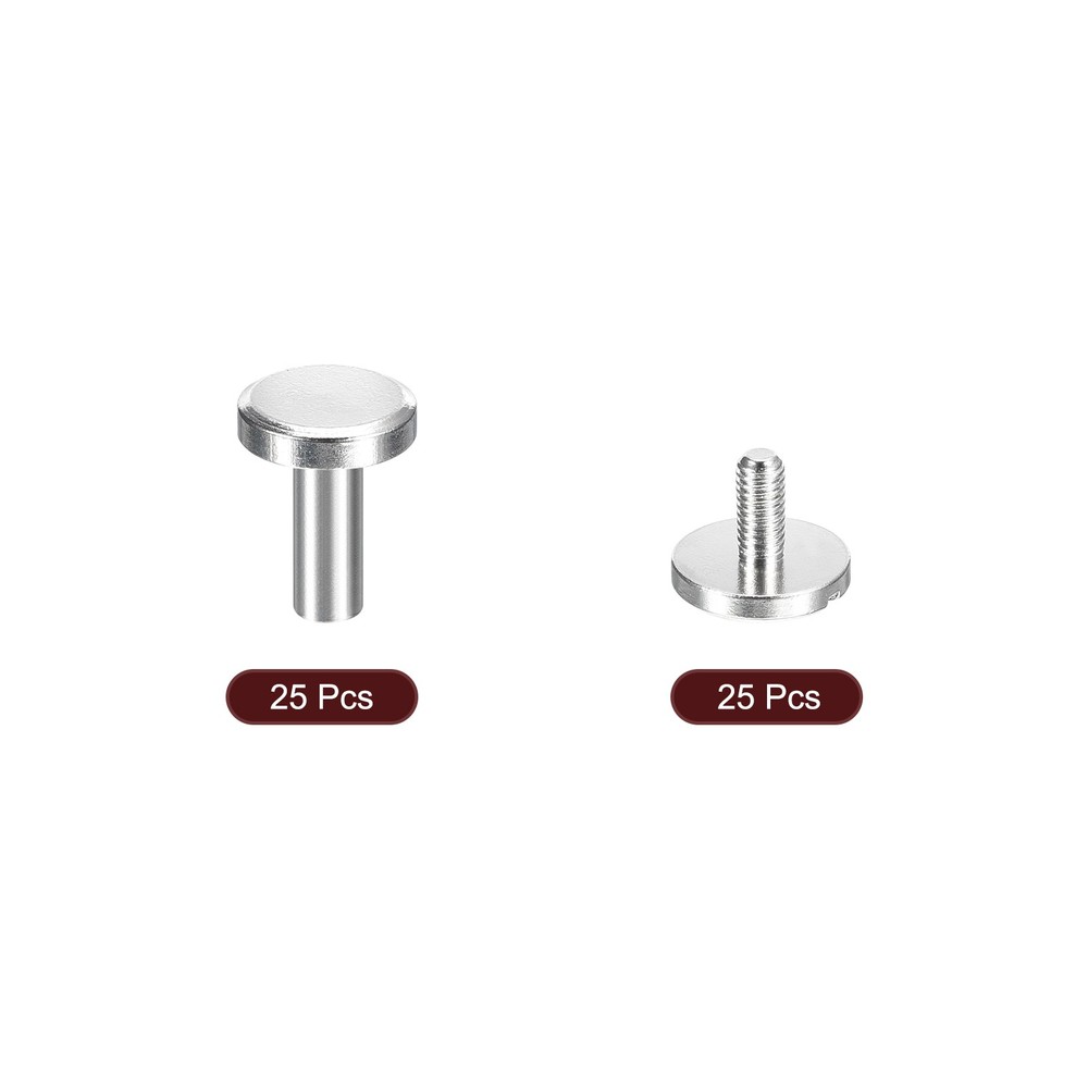 25Pack Brass Chicago Screws, 10x10mm Post Nail Stud Rivets, Silver