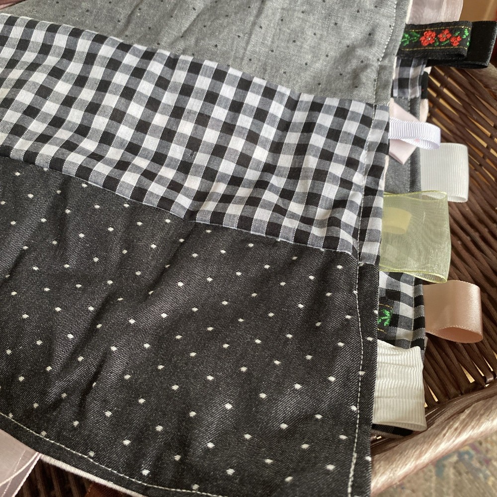 Large Handmade Blanket Taggie Blanket - Patchwork black, white, grey with stripe