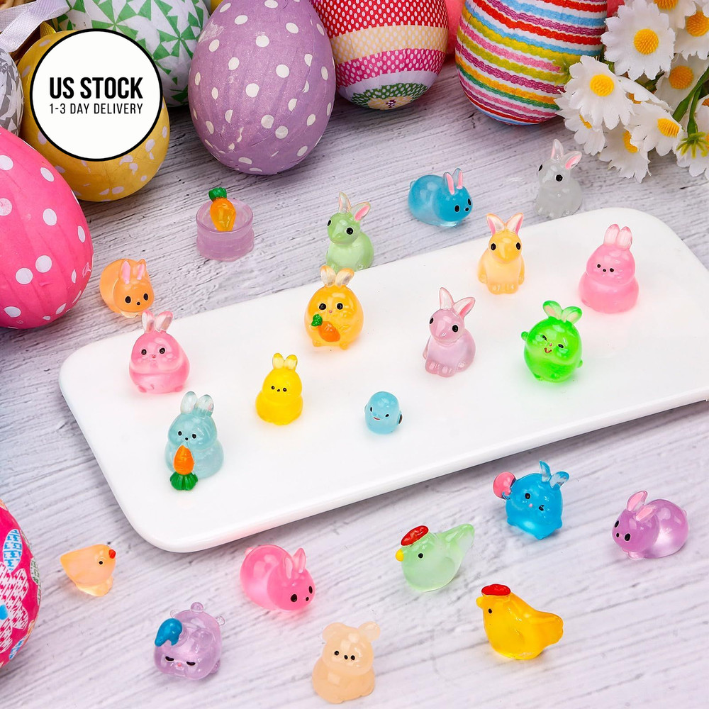 VICROIC 50 PCS Easter Luminous Mini Resin Figures, Tiny Small Multicolored