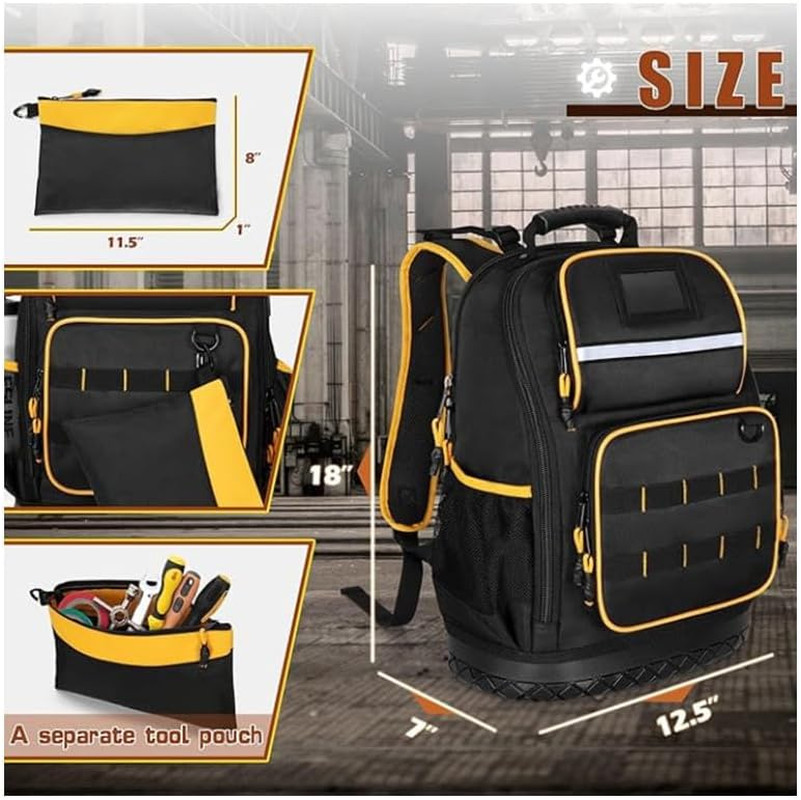 Rugged yet Comfortable Tool Backpack with Hard Molded Bottom and Tool Pouch, Hea