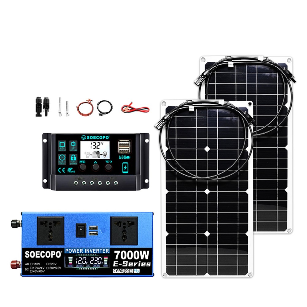SOECOPO 7000W Peak Solar System Kit 2pcs Flexible Panel 100A Controller 12V/24Lu