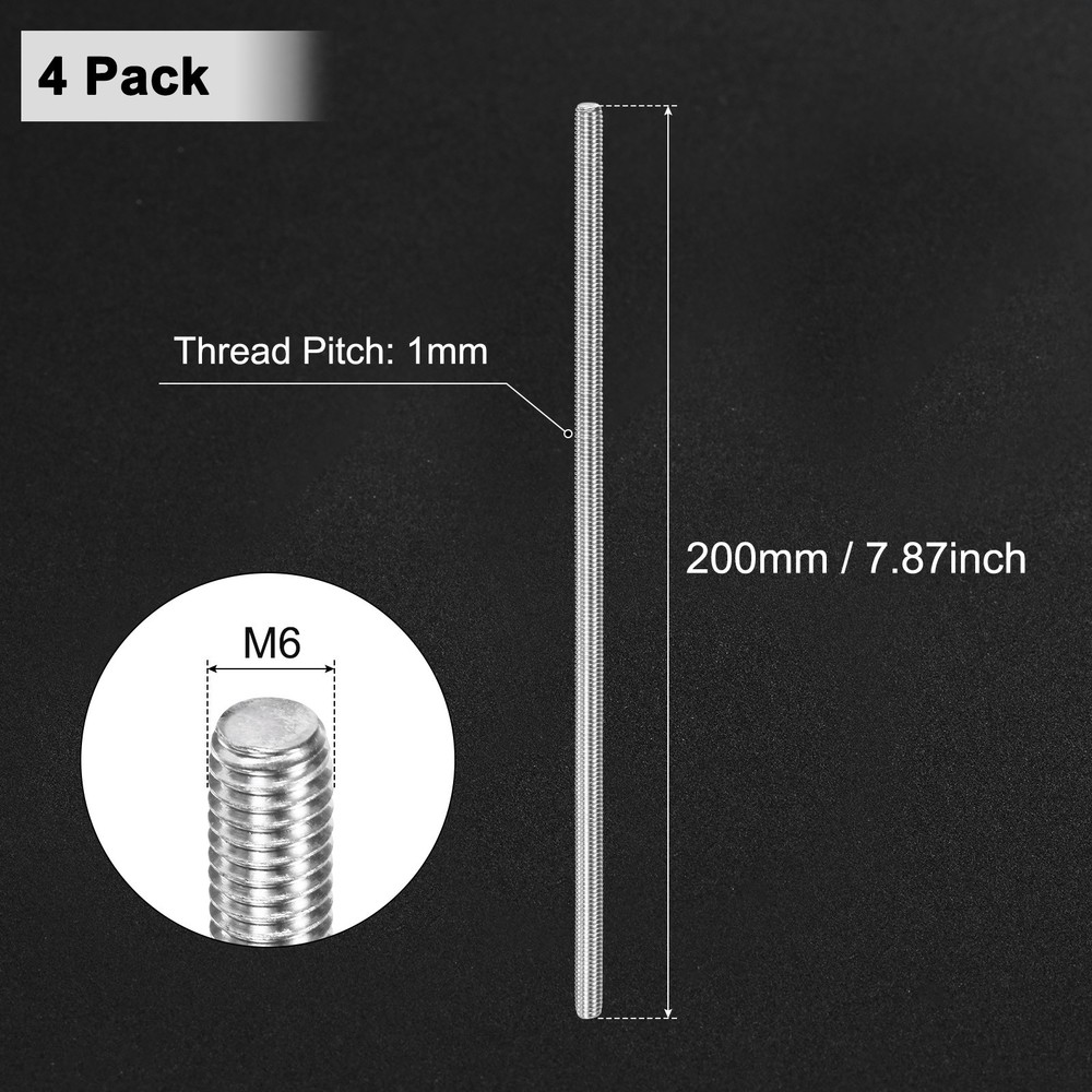 4-Pack Fully Threaded Rod, M6x200mm Stainless Steel Right Hand Thread Bar Studs