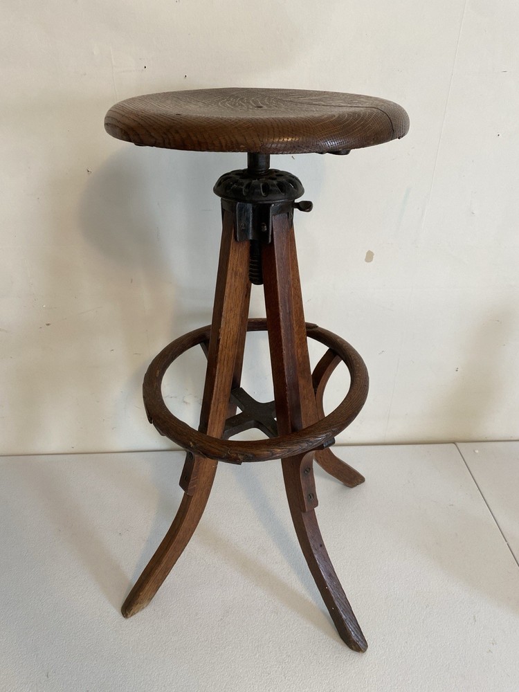 Beautiful Antique Oak Drafting Stool Cast Iron Swivel Adjustable Height