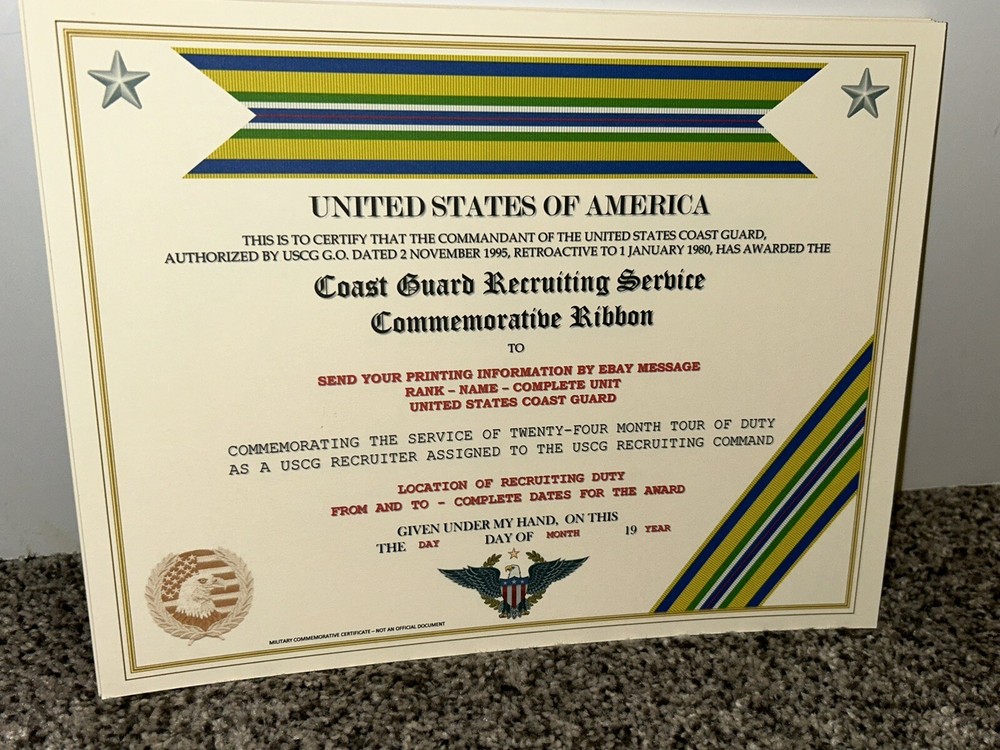 COAST GUARD RECRUITING SERVICE COMMEMORATIVE CERTIFICATE ~ W/PRINTING TYPE-1