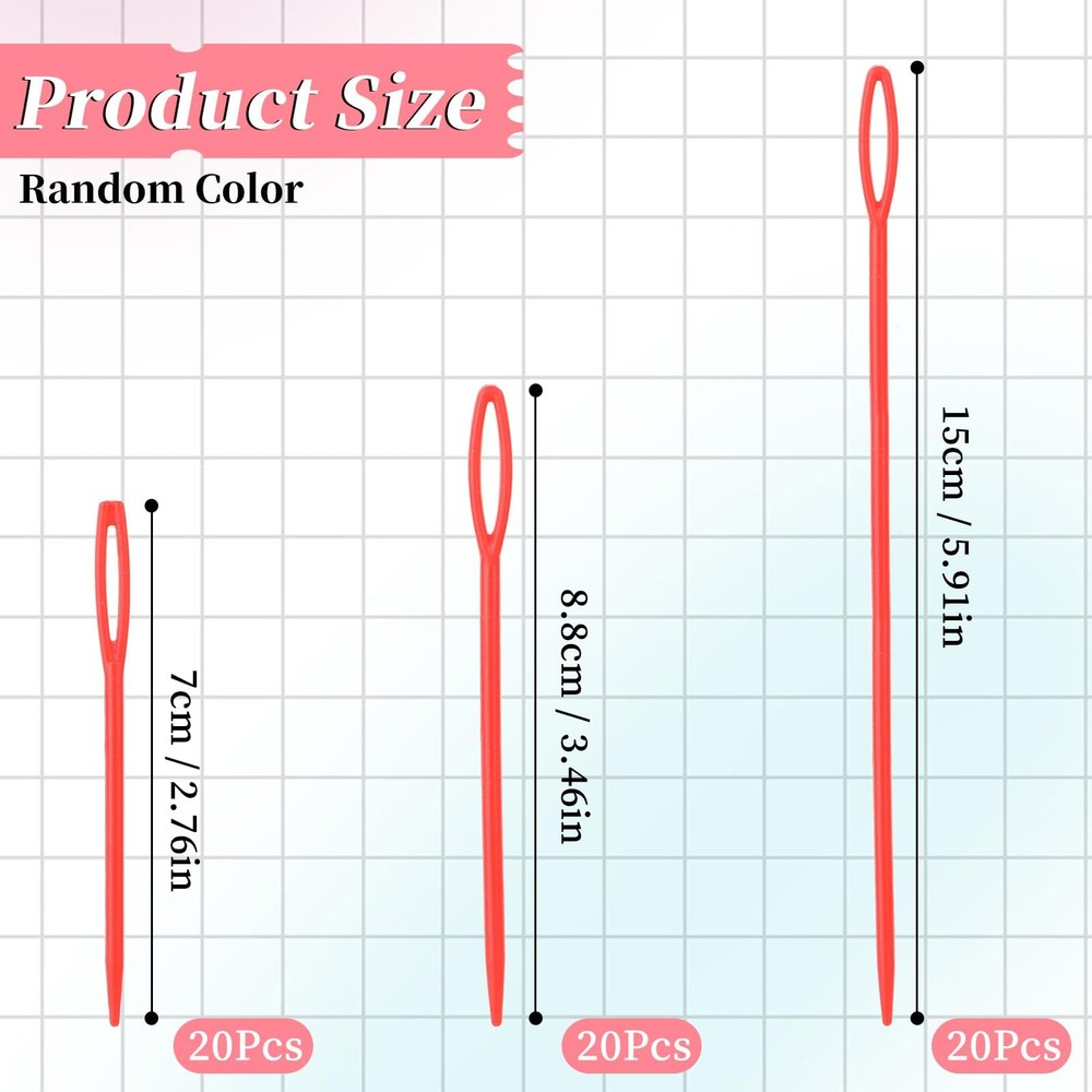 60 Pcs Plastic Sewing Needles for Kids Large 3 Sizes, Mixed