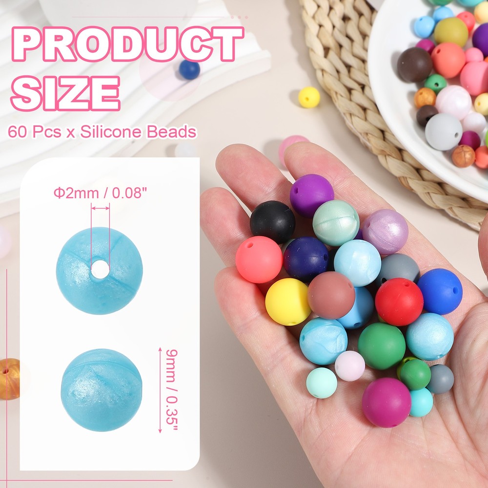 60 Pcs Silicone Beads, 9mm Bulk Beads for Keychain Making, Blue