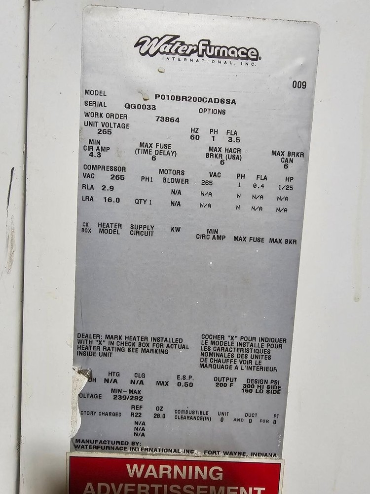 Furnas Water Heater Unit Voltage 265 60 Hz 1 Phase FLA 3.5