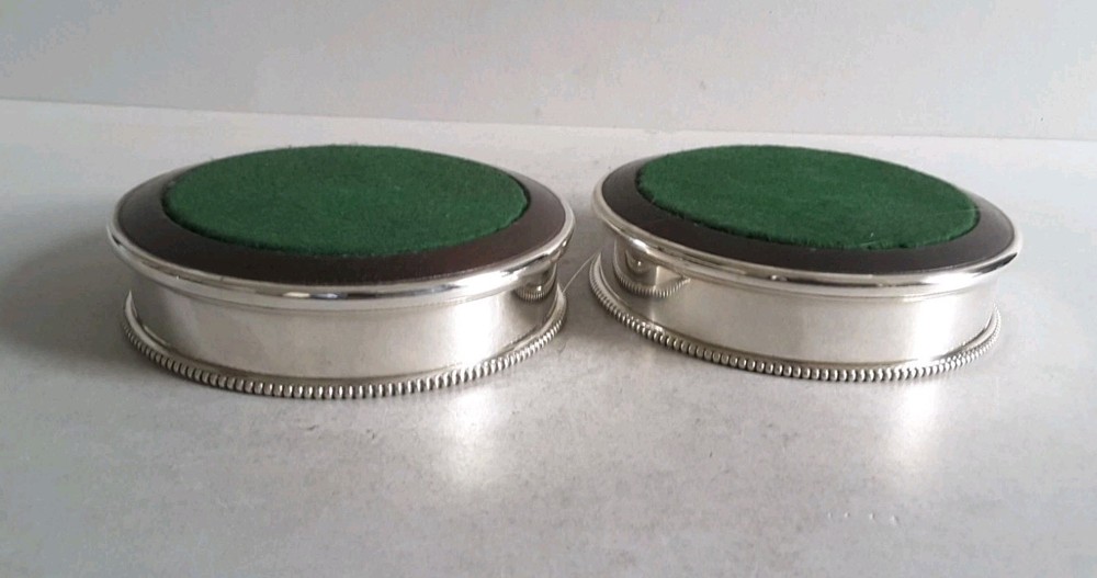 GOOD , PAIR VINTAGE SOLID SILVER COASTERS . 12 . 5 cms. dia. LON. 1973