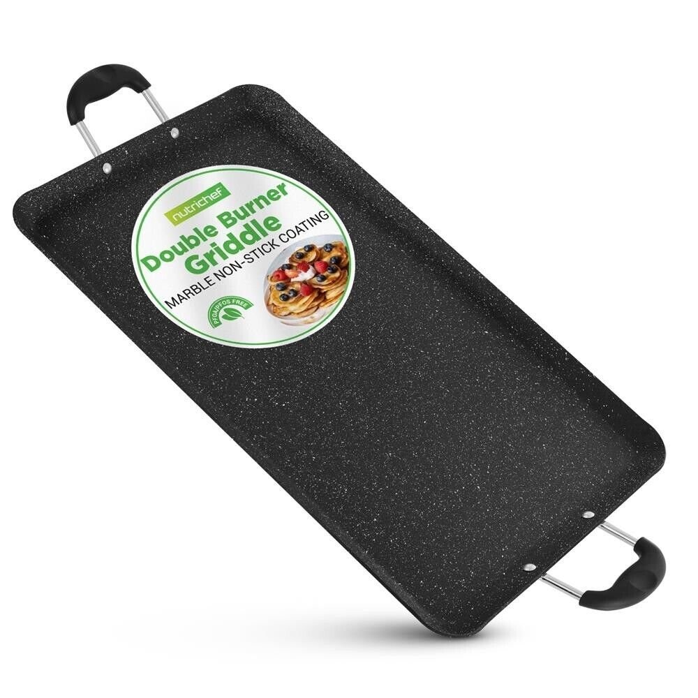 NutriChef Non-Stick Double Burner Griddle, Dishwasher Safe Bakelite Handle-Black