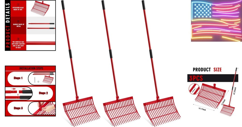 3 Sets Manure Fork with Long Metal Handle Pitch Fork Manure Rake Heavy Duty M...