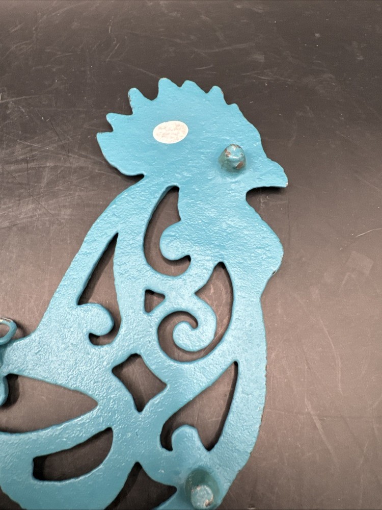 Cast-iron blue rooster trivet and wall mount 9”