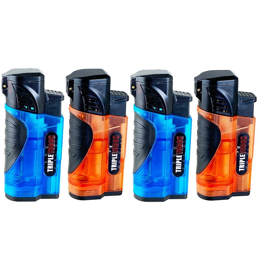 4 PACK QUAD Clear Color Torch Lighter Adjustable Flame W/Cigar Puncher