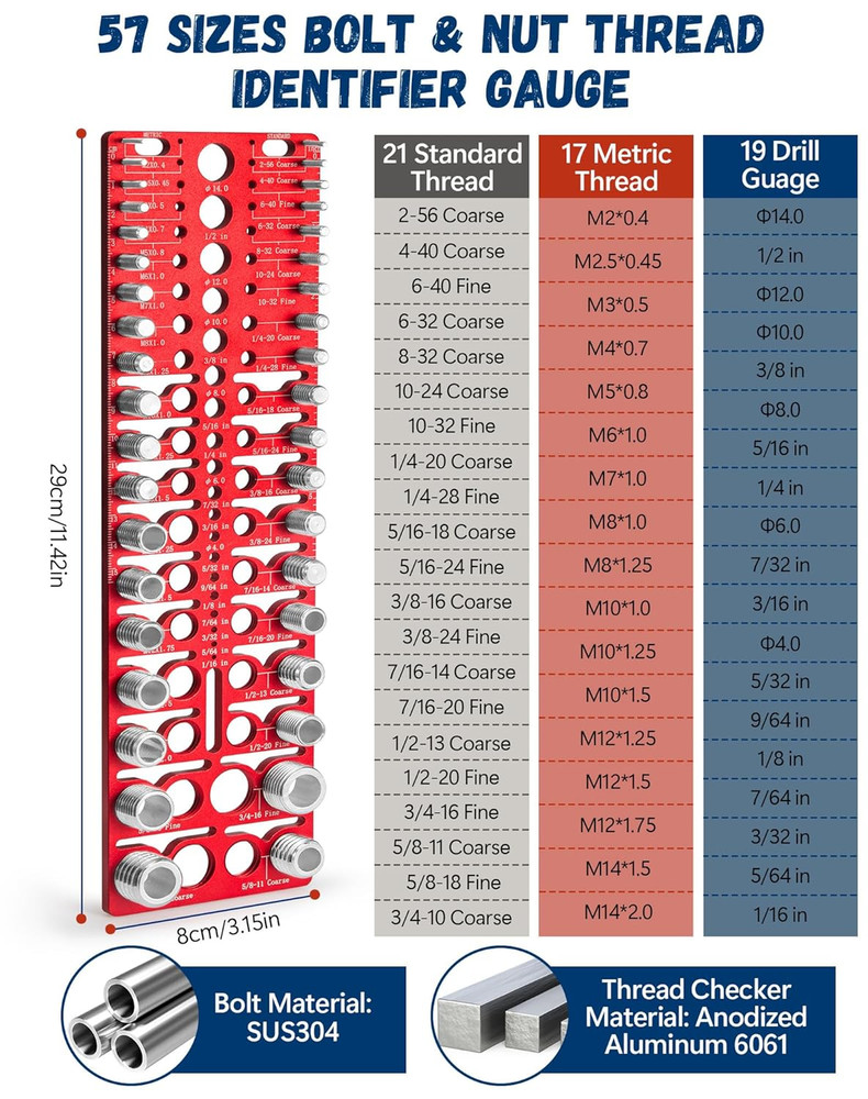 57pc Nut & Bolt Thread Checker, SAE & Metric, Drill Gauge Set