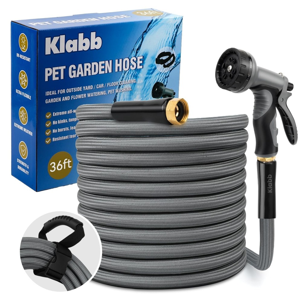 KLABB 36FT Garden Hose 5/8" with Solid Brass Connectors & 10-Function Nozzle,...