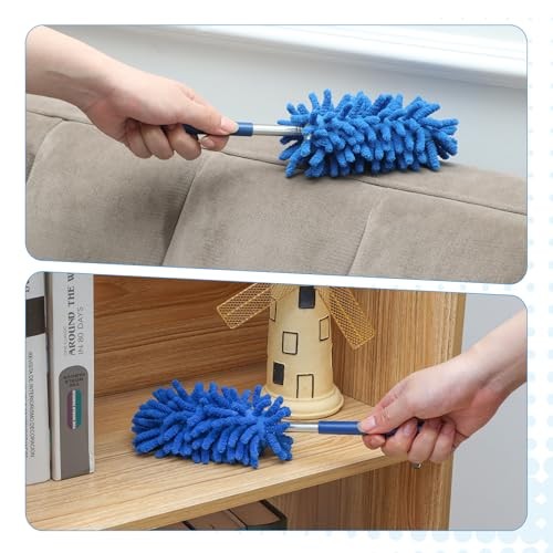 12 Pack Microfiber Dusters for Cleaning, High Duster with Extension Pole, Blue
