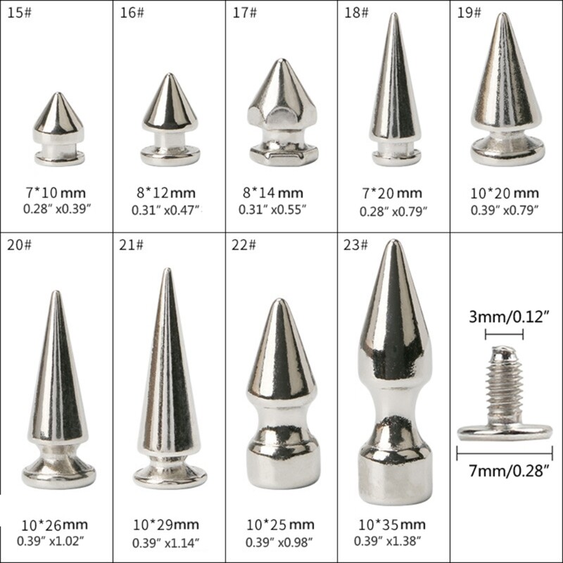 10-Pieces Multiple Sizes Cone Spikes Stud Rivets Metal Studs Punk Style