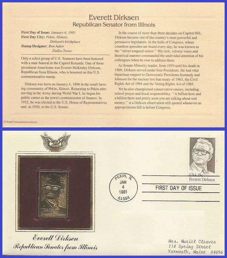 USA2 #1874 ADDR GOLDEN REPLICA FDC   Everett Dirksen