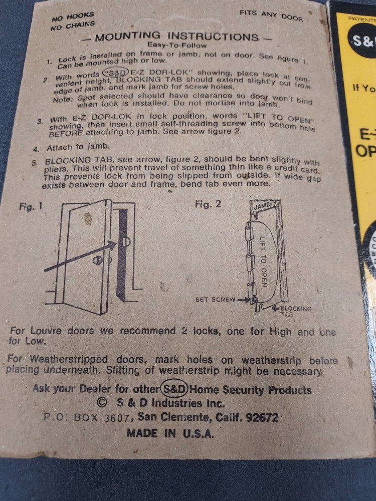 Vintage S&D E-Z DOR-LOK Model#222